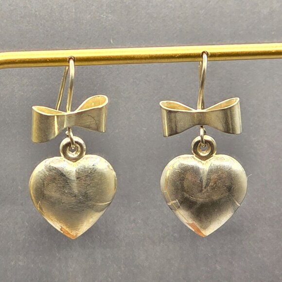 Sterling Silver 925 Heart & Bow Drop Earrings 1.25" Signed SU Italy 6.08g - Picture 6 of 6